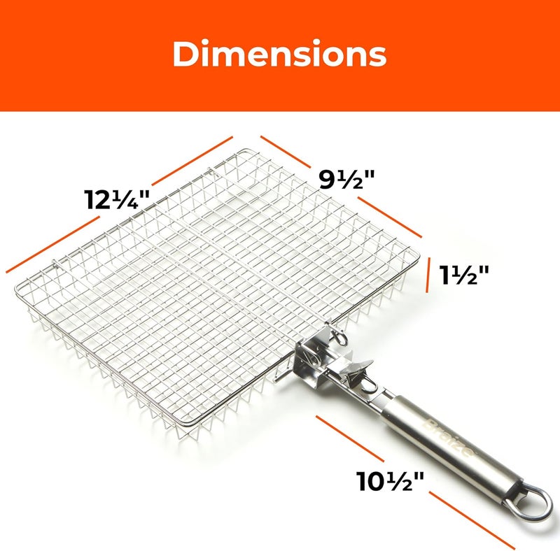 Braize Stainless Steel Large Grill Basket with Removable Handle – 12.25 x 9.5 x 1.5 Inch BBQ Vegetable Basket with Easy Open Lid, Silicone Basting Brush & Scrub Sponge – Outdoor Cooking & Camping Accessory - Image 5